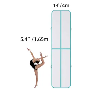 A gymnast performing a leg stretch next to an air track mat with dimensions 13 feet by 4 meters and 5.4 inches by 1.65 meters.