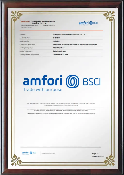 Amfori BSCI compliance certificate for Guangzhou Huafei Inflatable Products Co., Ltd.