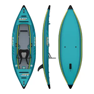 Three views of an Aqua Marina inflatable kayak in blue and black, including the top view, side view, and bottom view.