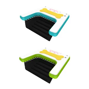 Two dog ramps with cushioned steps, one with a blue border and the other with a green border.