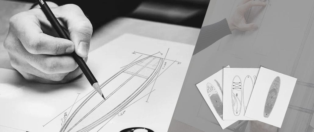 Hand sketching custom design concepts for a new inflatable paddleboard prototype