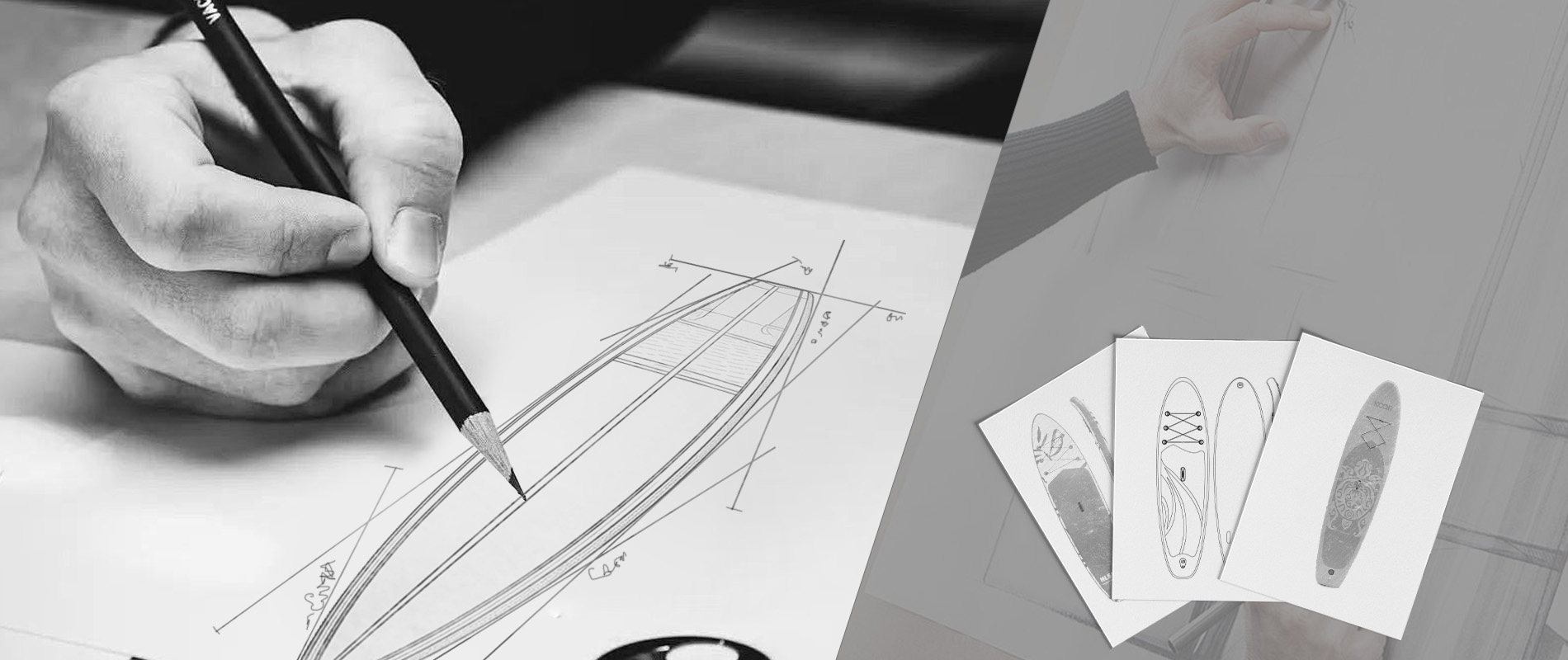 Hand sketching custom design concepts for a new inflatable paddleboard prototype