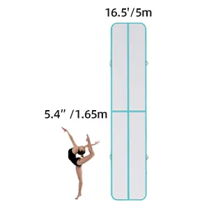 A female gymnast performing a flexibility pose next to a large 5-meter airtrack mat.