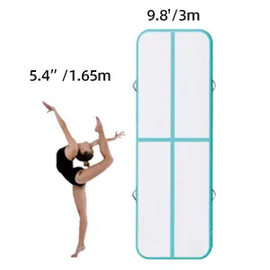 Image showing a gymnast performing a leg stretch beside an air track with dimensions: 5.4ft / 1.65m for the gymnast's height and 9.8ft / 3m for the length of the air track.