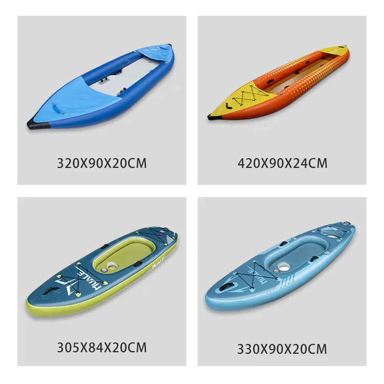 Four inflatable kayaks and paddleboards with dimensions specified: 320x90x20cm, 420x90x24cm, 305x84x20cm, and 330x90x20cm.