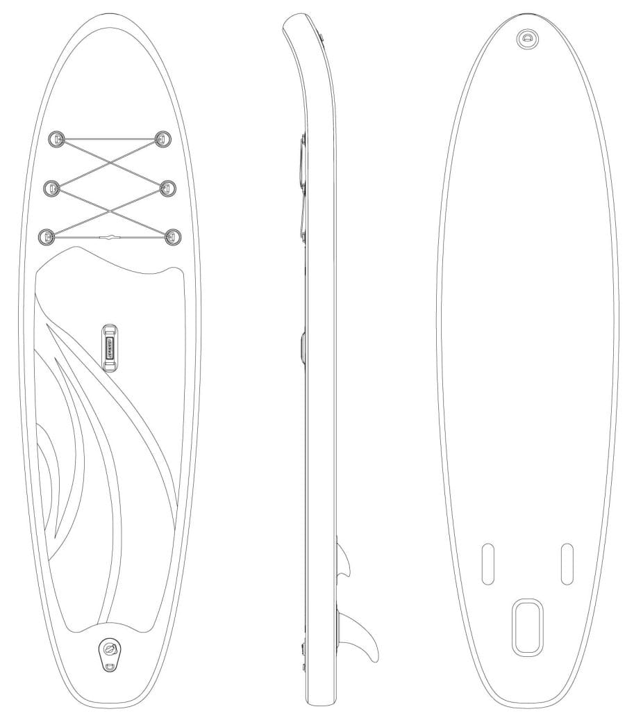 Technical line drawing of inflatable paddle board showing top, side, and bottom views