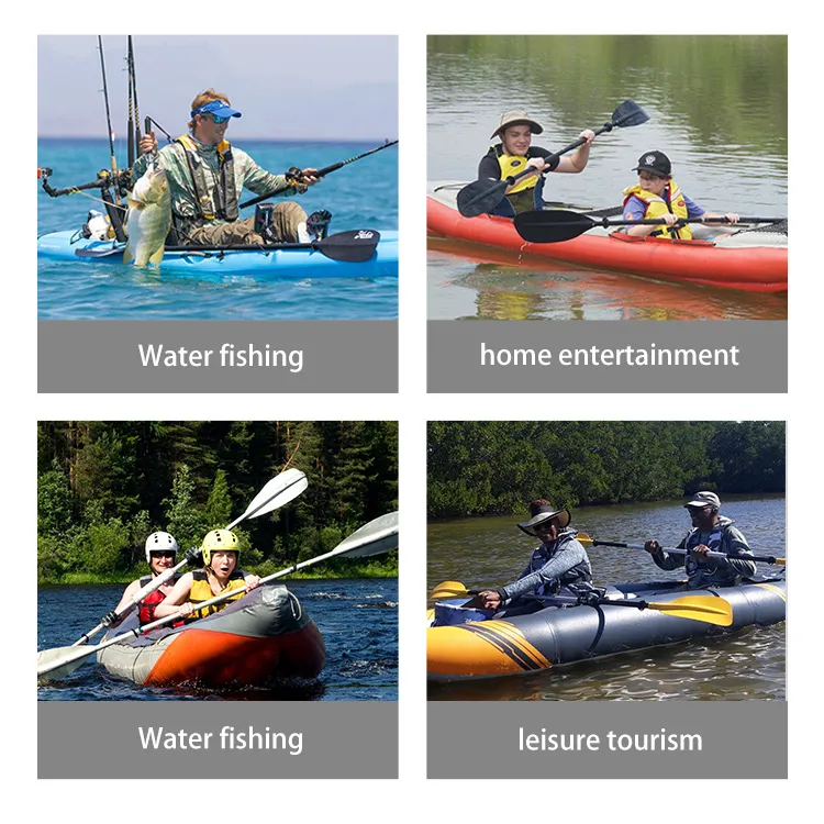 A collage of four images depicting various water activities including fishing and kayaking.
