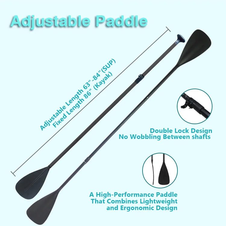 Two adjustable paddles featuring double lock design on a light blue background, with text detailing lengths and ergonomic features.