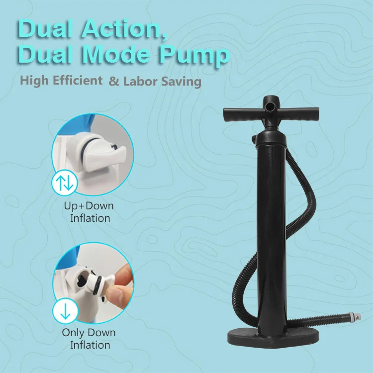 Black dual action pump with a dual mode feature displayed on a blue background, highlighting up and down inflation capabilities.