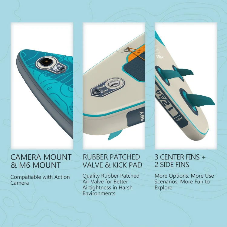 Close-up views of inflatable paddleboard showing camera mount, rubber valve with kick pad, and fins for functionality overview.