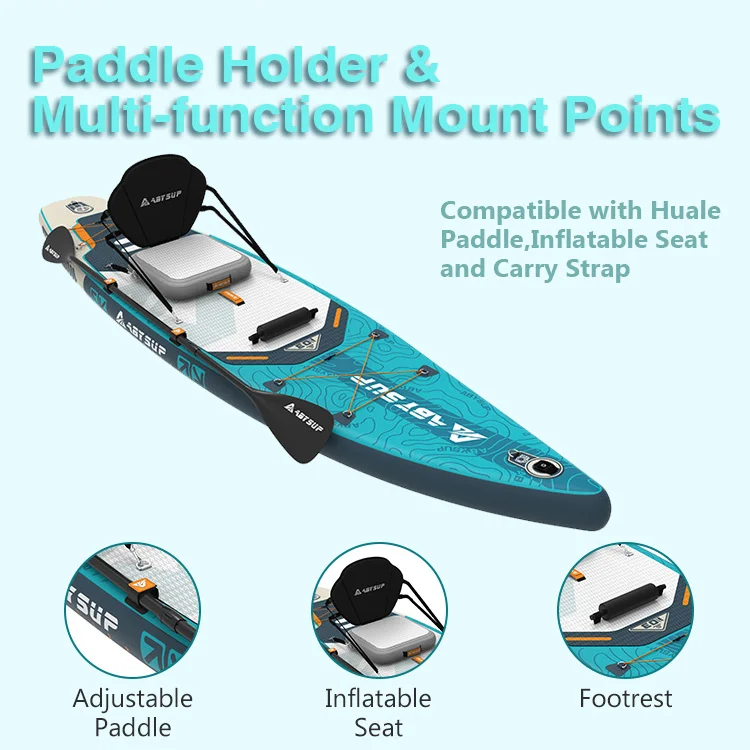 Inflatable stand-up paddleboard with features like adjustable paddle holder, inflatable seat, and footrest on a blue background.