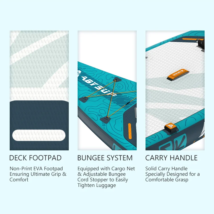 Three sections showing an inflatable paddleboard's EVA footpad, adjustable bungee system, and comfortable carry handle.