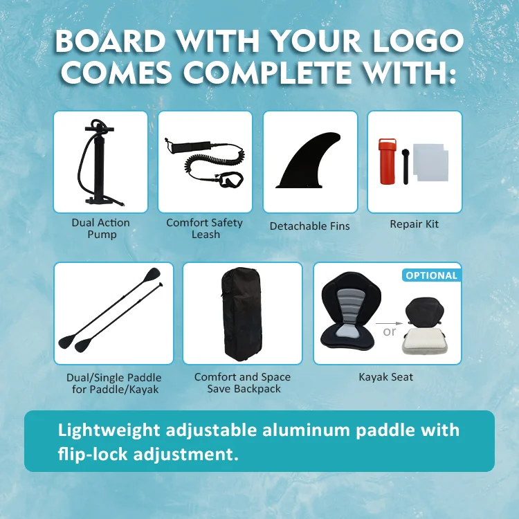 Visual checklist of SUP board accessories including a pump, safety leash, fins, repair kit, paddle, backpack, and optional kayak seat.