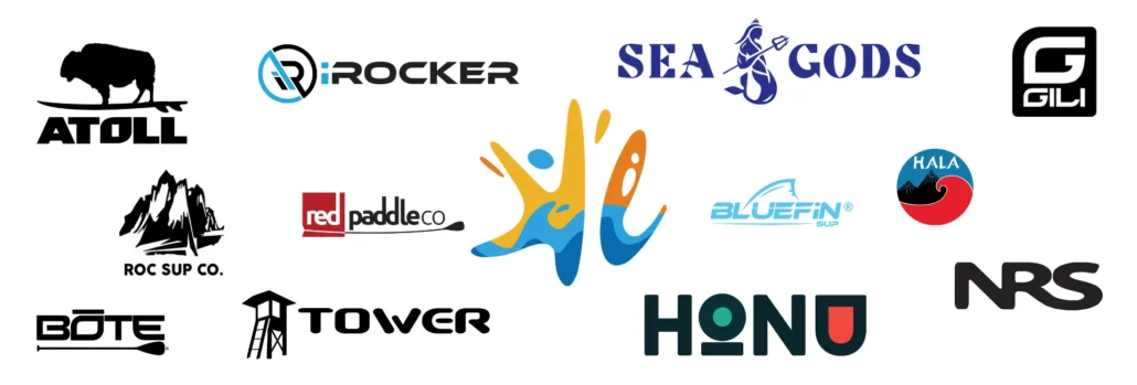 Logos of various stand-up paddleboard brands including Atoll, iRocker, Sea Gods, Gili, Red Paddle Co, Bluefin SUP, Tower, Honu, NRS, and more.