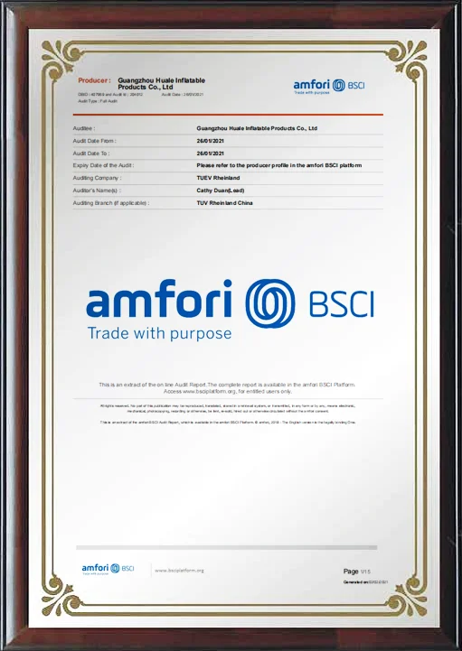 Framed Amfori BSCI certification document for Guangzhou Huale Inflatable Products Co. Ltd. with audit details.