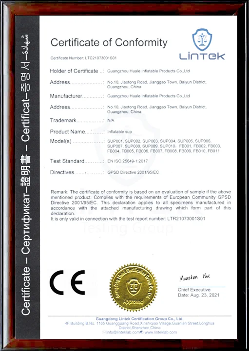Certificate of Conformity for Guangzhou Huale inflatable products including SUP models, with CE mark and gold seal.