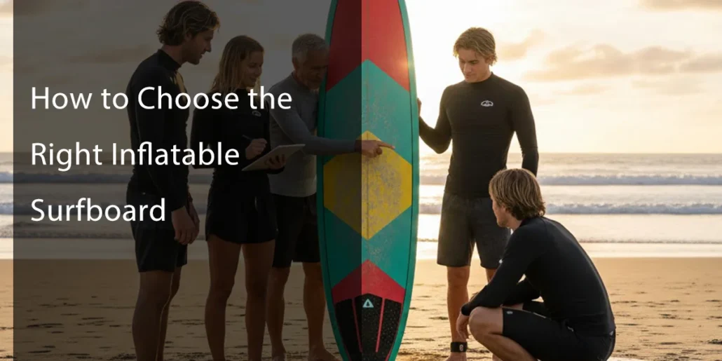 Group of people on a beach discussing a colorful inflatable surfboard, with the ocean and sunset in the background.