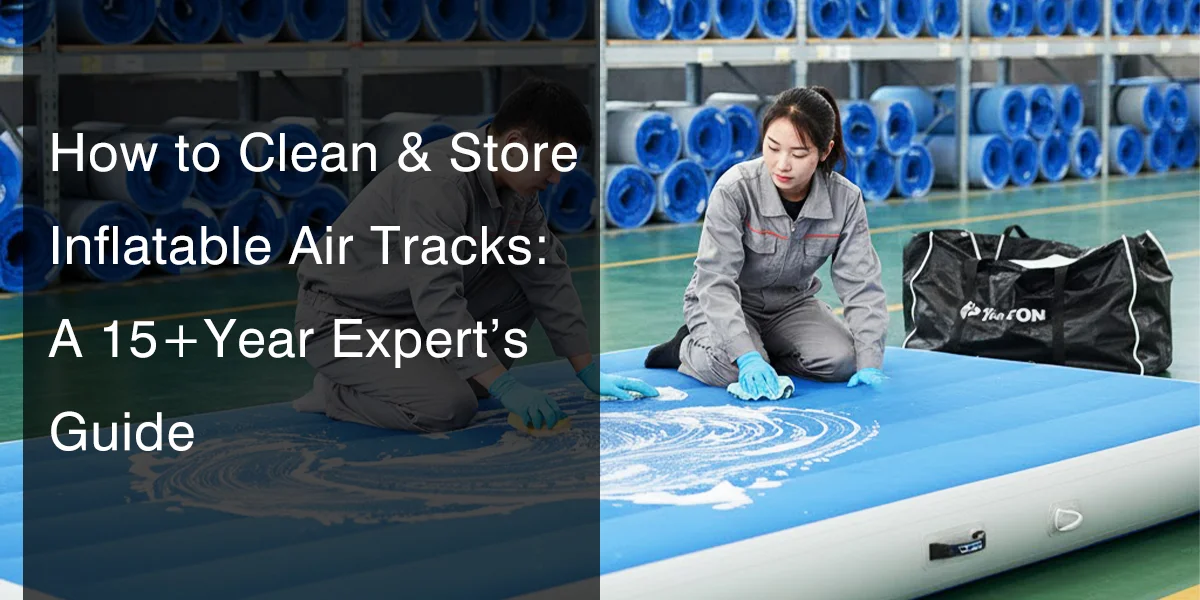 Two people wearing grey suits and blue gloves cleaning an inflatable air track using soap in a storage facility with stacked rolls.