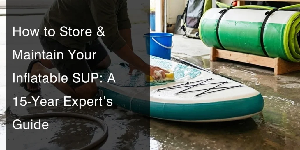 Person cleaning an inflatable stand-up paddleboard with a sponge in a garage setting, alongside rolled-up SUPs and a bucket.