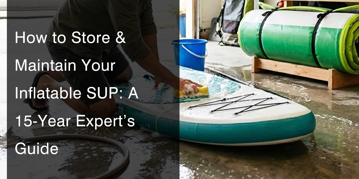 Person cleaning an inflatable stand-up paddleboard with a sponge in a garage setting, alongside rolled-up SUPs and a bucket.