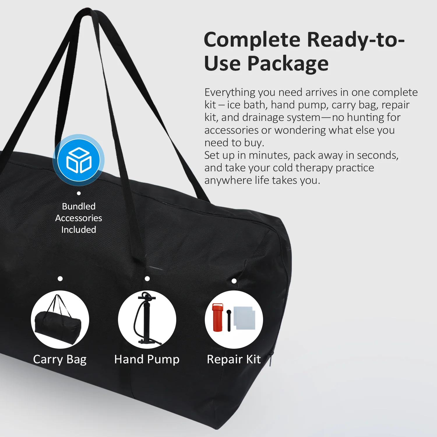 Black carry bag for cold therapy kit with bundled accessories including a hand pump and repair kit.