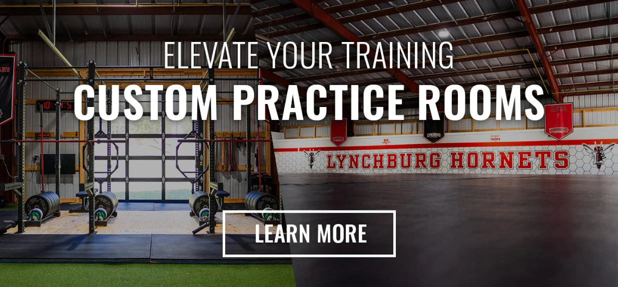 Advertisement for custom practice rooms showing gym setup and Lynchburg Hornets mural with a learn more button.