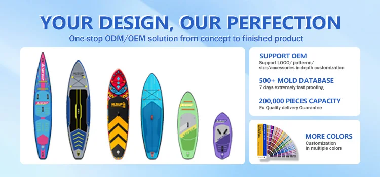 Six unique custom surfboard designs with various patterns and colors displayed with customization options like OEM support and mold database details.