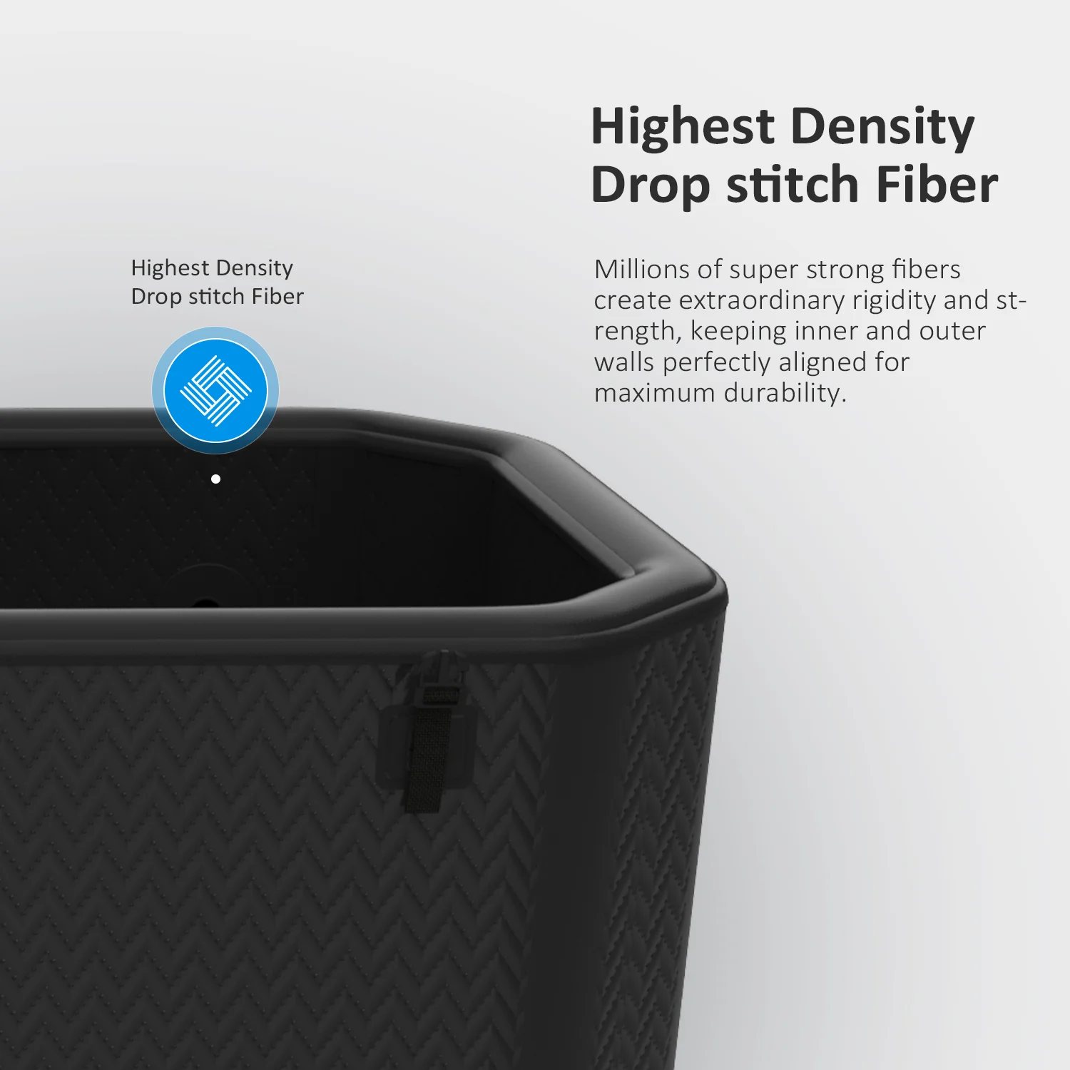 Hot tub corner with high-density drop stitch fiber construction highlighted, showcasing strong fiber alignment for durability.