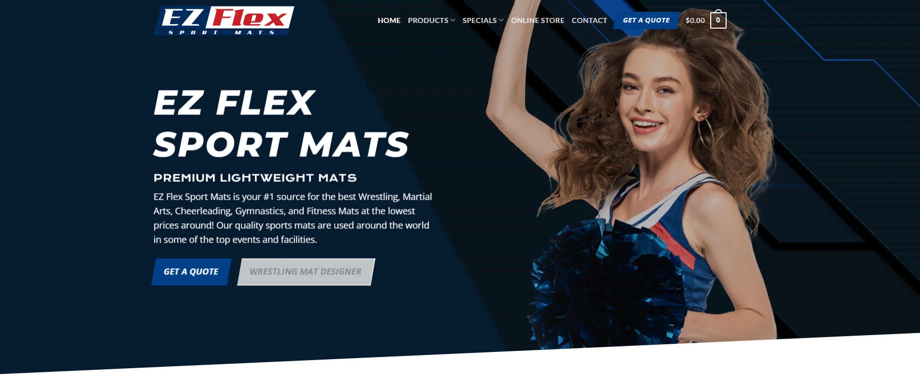 EZ Flex Sport Mats banner featuring cheerleader in uniform with pom-poms, promoting premium quality mats for sports and cheerleading.