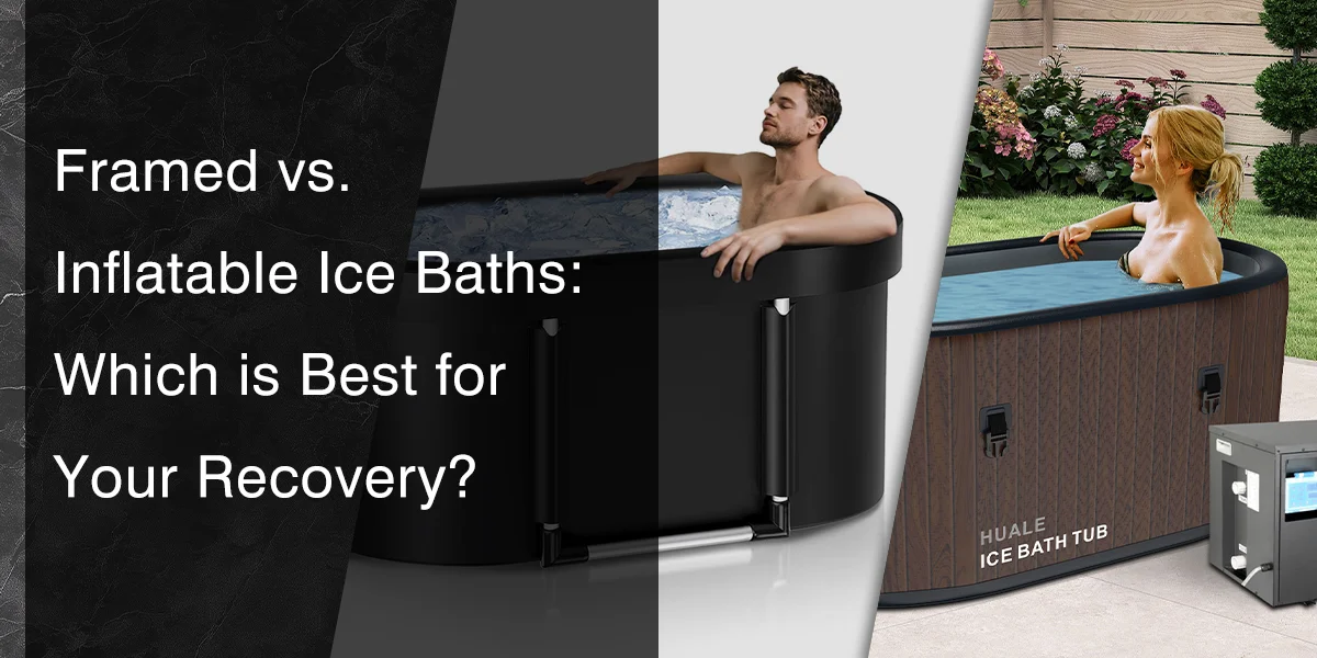 Side-by-side comparison of a man in a framed ice bath and a woman in an inflatable ice bath outdoors, showcasing different recovery options.