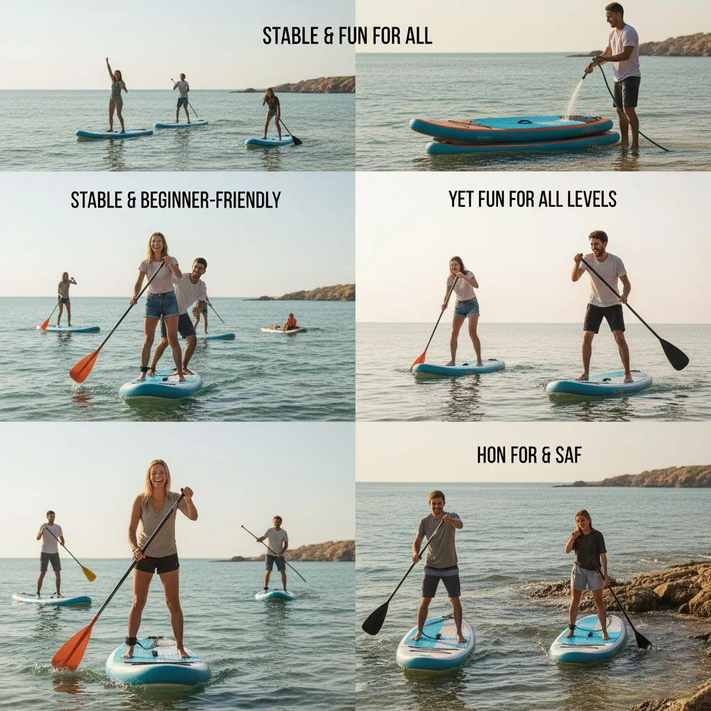 People participating in paddleboarding on calm sea waters, exhibiting stability and fun for all skill levels, with scenic background.