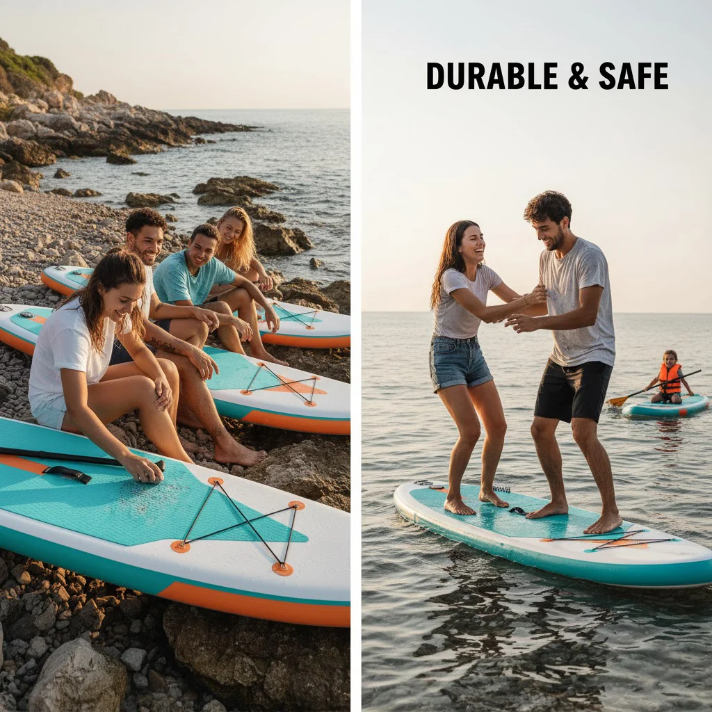 Group of people preparing and using stand-up paddleboards by the rocky seaside; one pair standing on a paddleboard in the water.