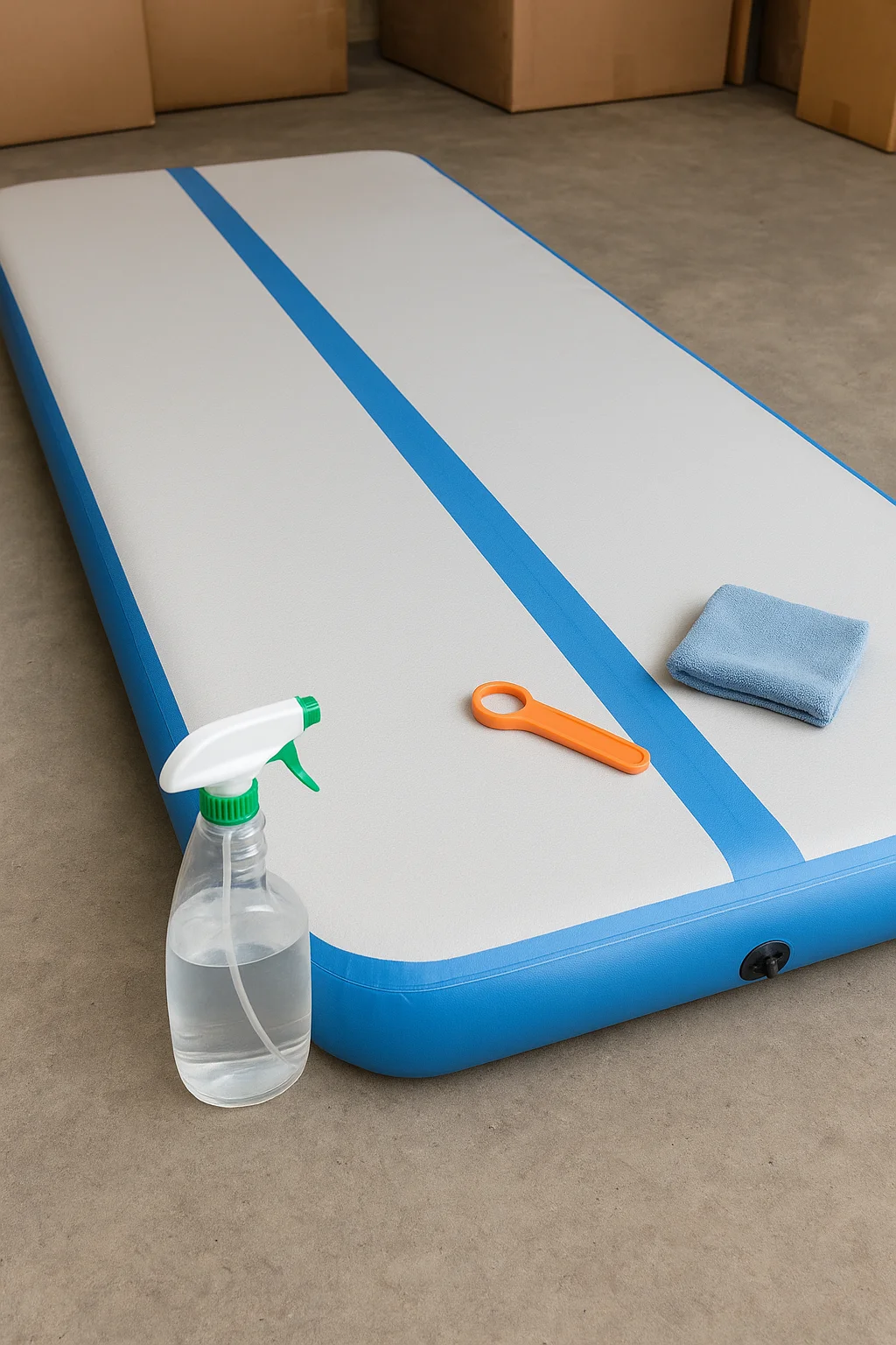 Inflatable gymnastics mat with blue stripes on a floor surrounded by a spray bottle, orange tool, and cleaning cloth.