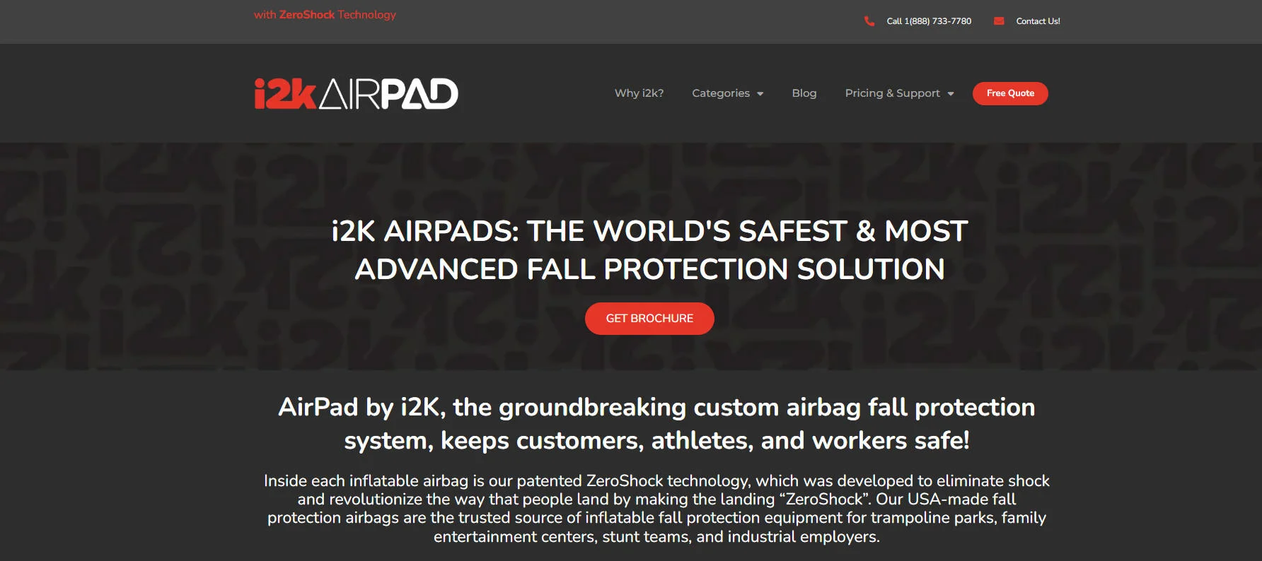 i2k AirPads landing page highlighting the world's safest and most advanced fall protection solution with ZeroShock technology.