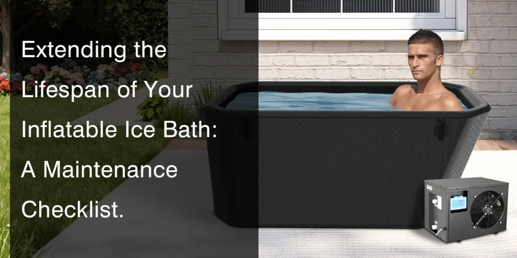 Person relaxing in an inflatable ice bath outdoors beside a cooling unit, against a brick wall with garden flowers visible.