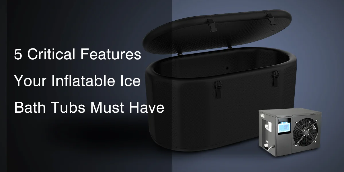 Inflatable ice bath tub with open lid and cooling unit, emphasizing essential design features.