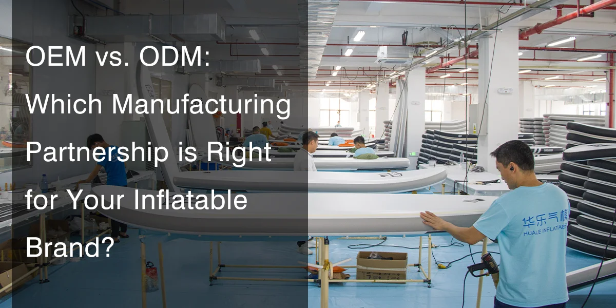 Workers in a factory assembling inflatable products on long tables, with a focus on a worker holding a tool and the company name on the shirt.