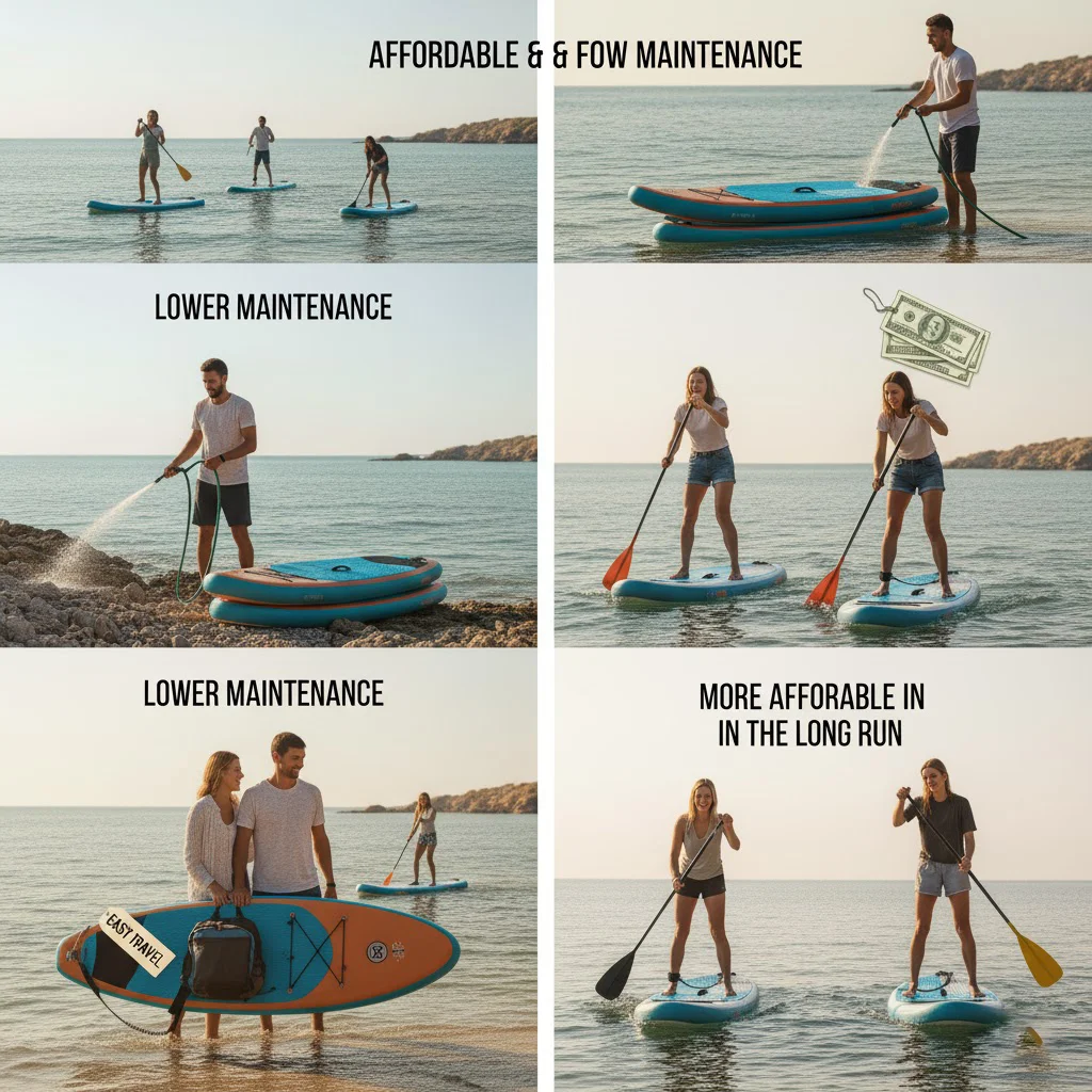 Multiple scenes showing people using and maintaining inflatable paddle boards by the sea, highlighting low maintenance and affordability.