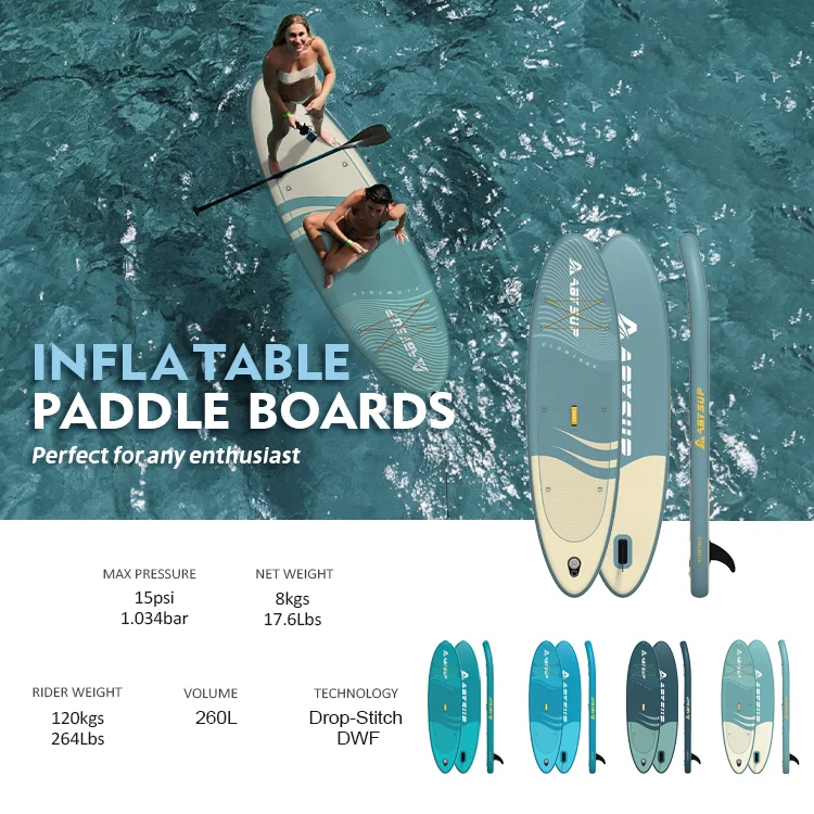 Two people paddling on inflatable paddle boards in blue water. Includes technical details like psi, weight, and volume.