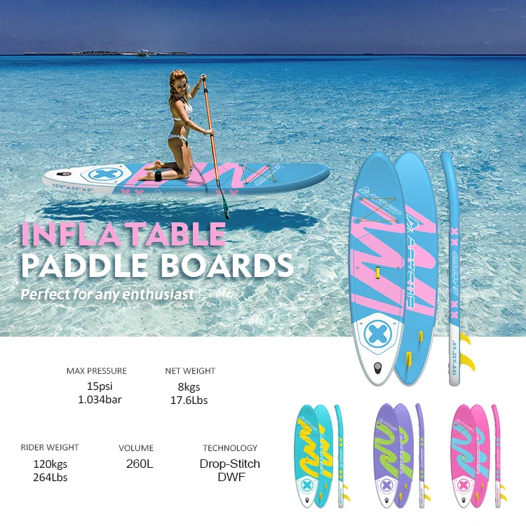 Woman kneeling on a blue and pink inflatable paddle board in clear turquoise water, holding a paddle. Various board colors shown.