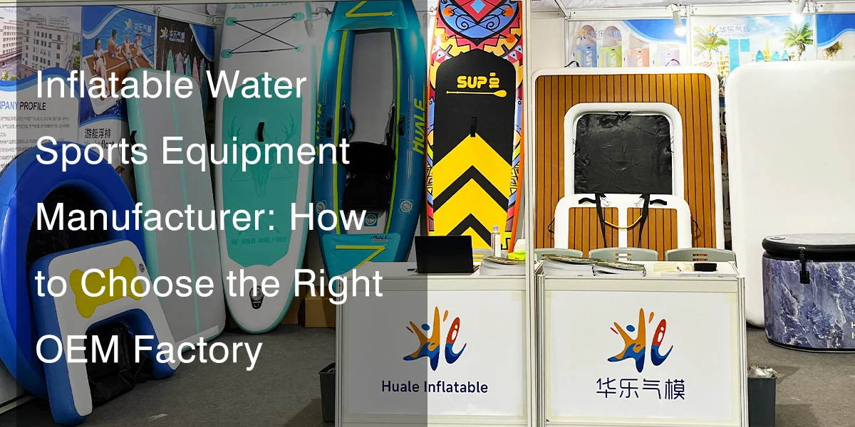 Display of inflatable water sports equipment including paddleboards and rafts with signage for Huale Inflatable at trade show.