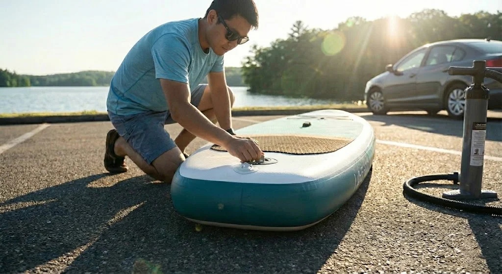 Man kneeling on paved surface inflating a blue paddleboard beside a lake, with a sunlight flare and car parked nearby.