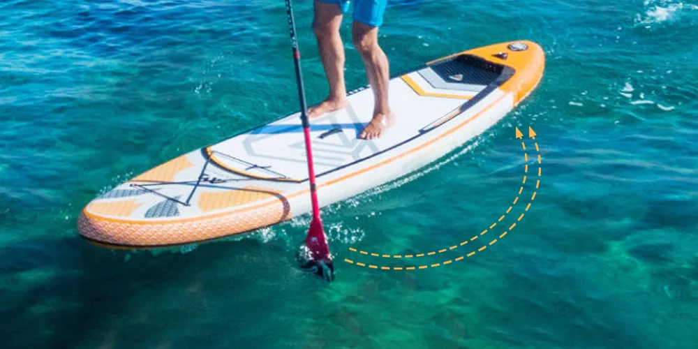 Man standing on a paddleboard with a yellow and white design, paddling on clear blue water, visible legs and a paddle.