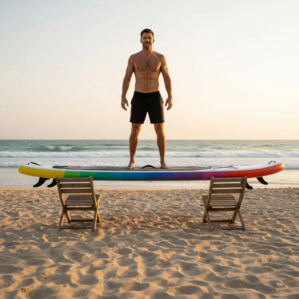 Athletic man wearing black shorts stands on a colorful paddleboard, balanced on two folding chairs at a sandy beach during sunset.