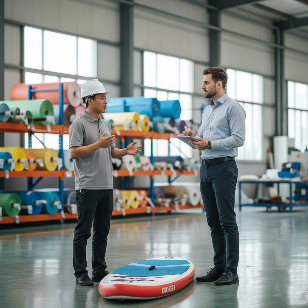 Two men converse near a surfboard in a factory setting with shelves of rolled materials in the background.