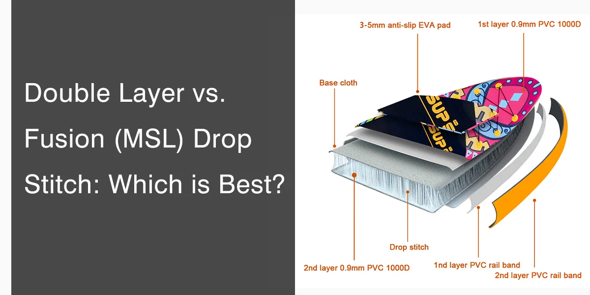 Diagram comparing paddleboard construction of double layer versus fusion (MSL) drop stitch with labeled components.
