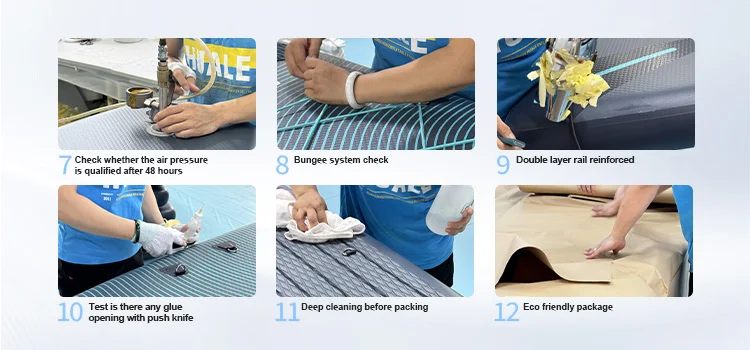 Six images showing steps 7 to 12 in paddleboard manufacturing, including air pressure checks, bungee system check, reinforcing, glue testing, cleaning, and packaging.