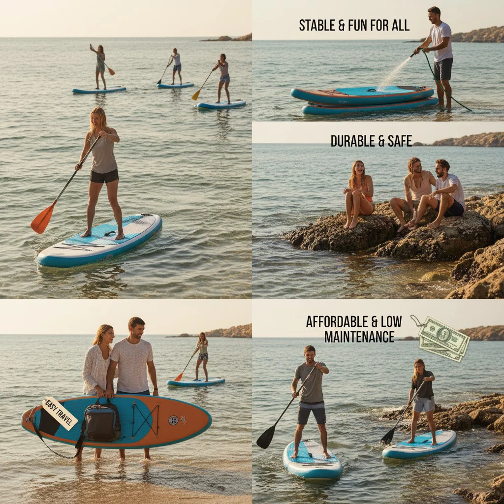 People enjoying paddleboarding on a calm sea with several individuals paddling and socializing on paddleboards near a beach.