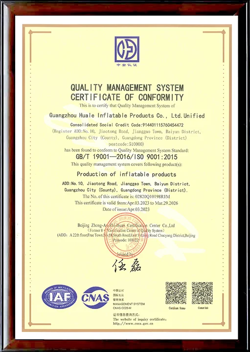 Framed certificate of conformity for Guangzhou Huale Inflatable Products Co., Ltd, validating ISO 9001:2015 compliance for inflatable products.