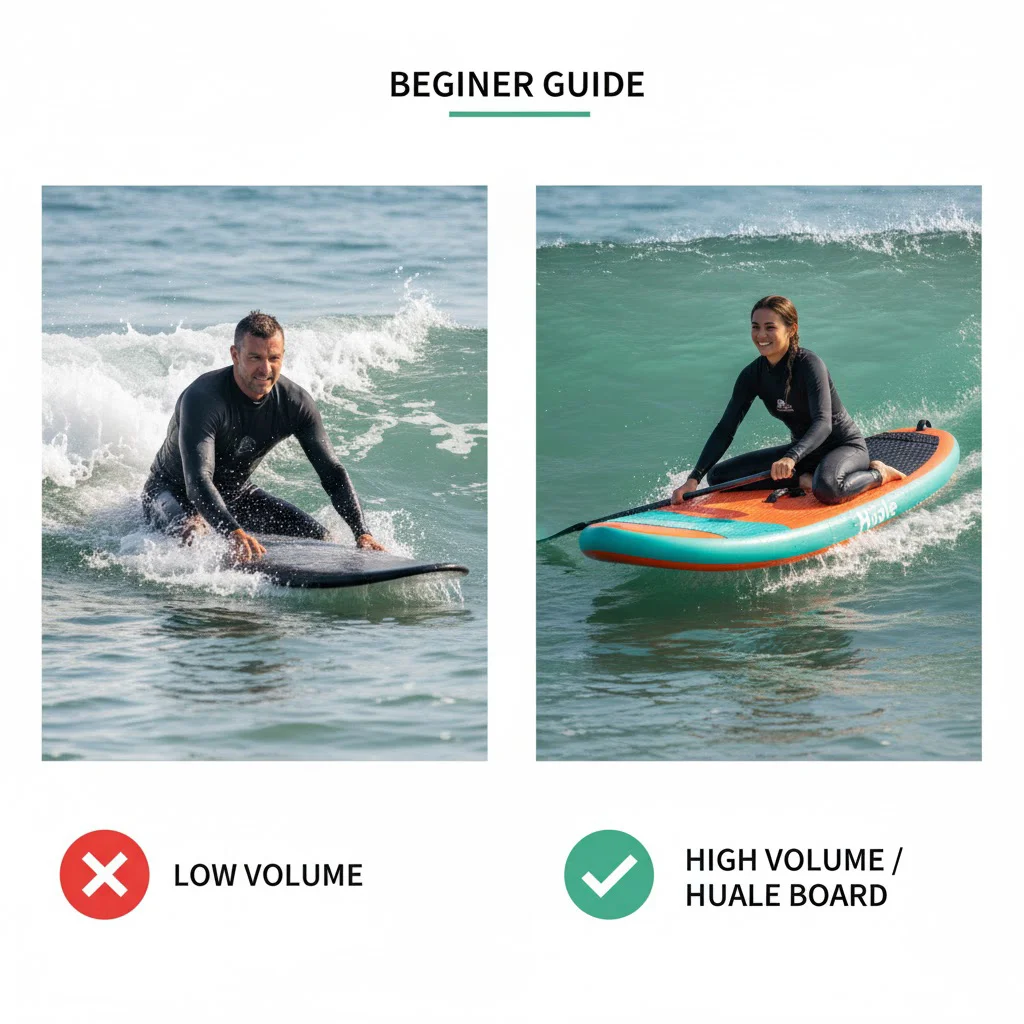 Two surfers illustrating surfboard volume. Left surfboard is low volume; right surfboard is high volume suitable for beginners.